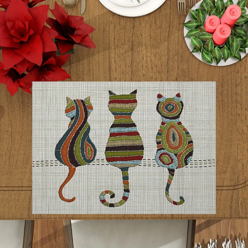 

1/4pcs Cat Pet Placemat Linen Folk Embroidery Table Winter Kitchen Washable Home Dining Plate Heat Pad Party Outdoor Scene Decor