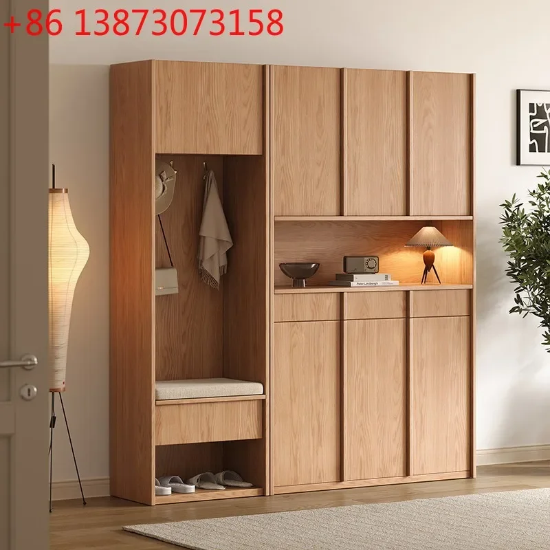 

All solid wood oak shoe cabinet, shoe change stool, living room, entrance cabinet integrated against the wall