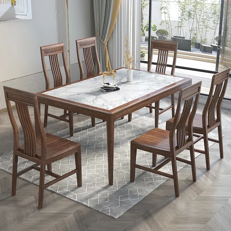 

Walnut Dining Tables and Chairs Set Solid Wood Imported Stone Plate Dining Table Home Dining Table