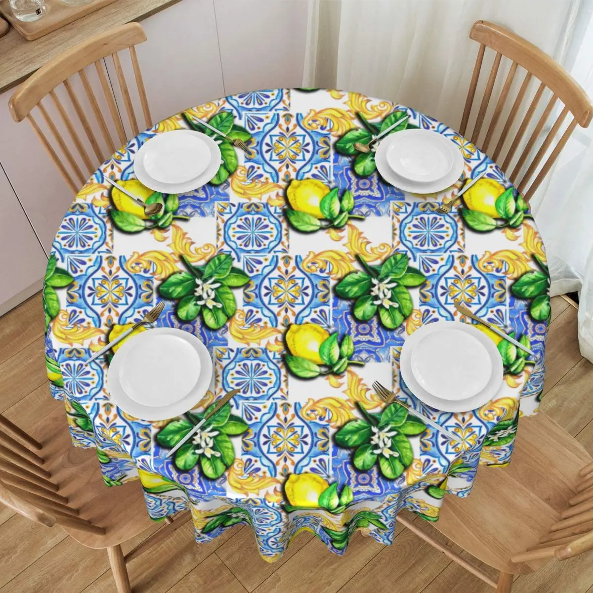 Custom Round Mediterranean Tiles Summer Fruit Lemons Tablecloth 60 inch Kitchen Dinning Table Cloth Spillproof Table Cover