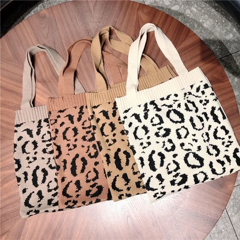 2024 New Korean INS Knitted Woolen Bag Fashion Leopard Pattern Shoulder Bag Popular Trend Retro Tote Bag