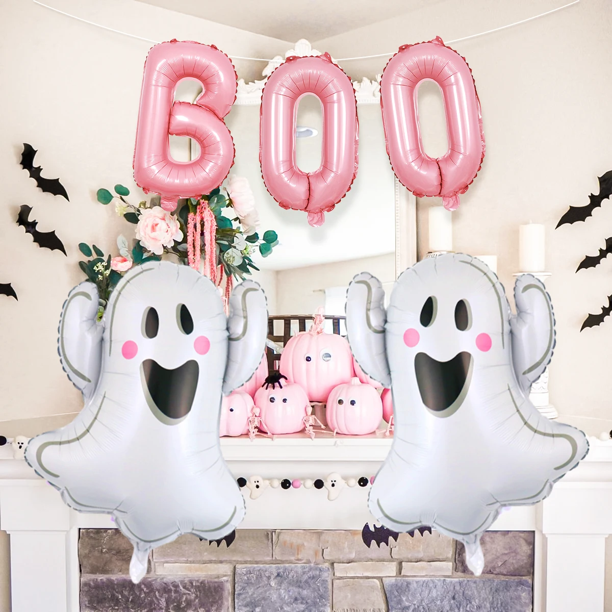 5pcs Ghost Aluminum Film Balloons Pink Letters BOO Inflatable Children's Birthday Party Halloween Decoration Supplies