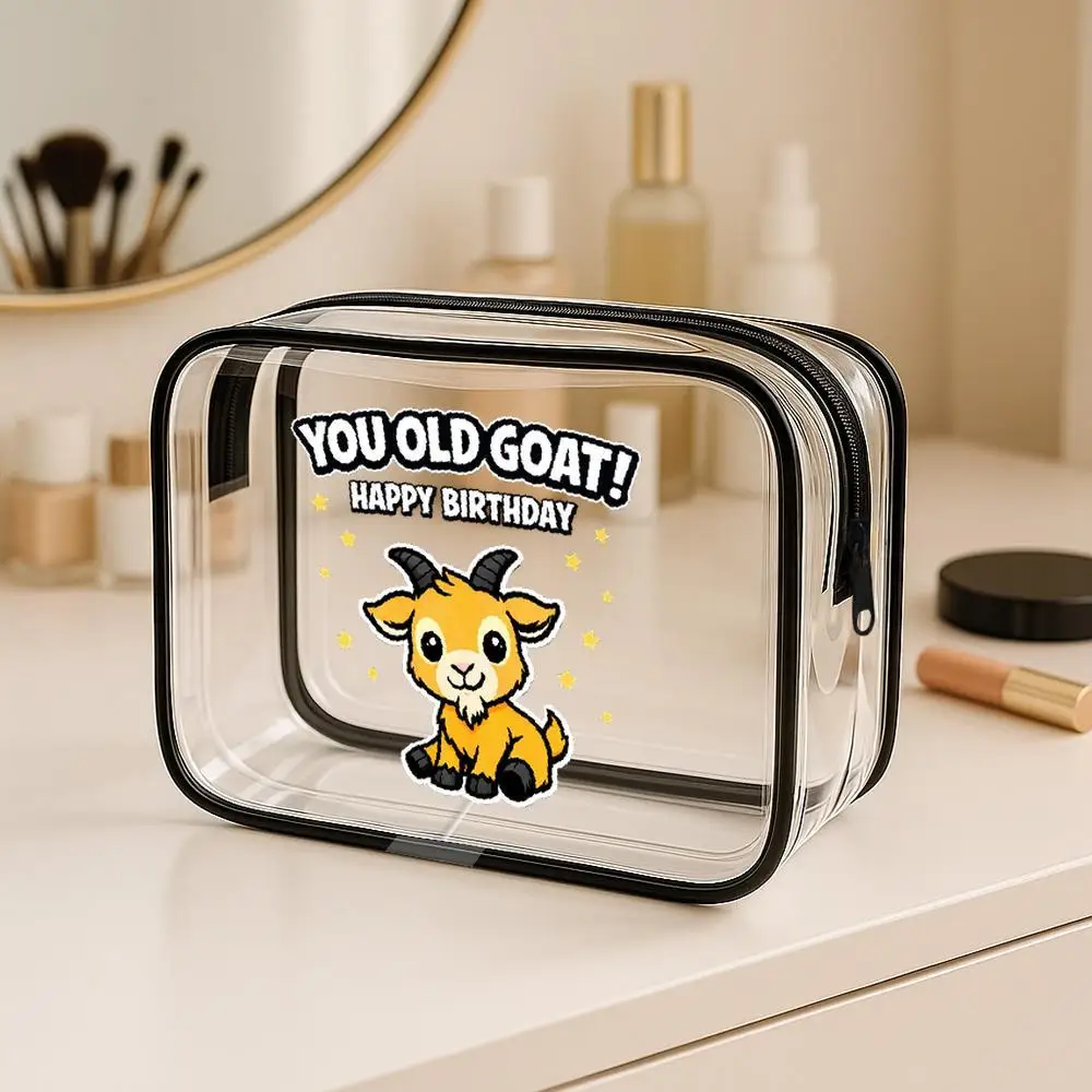Cartoon For Goat Birthday Clear PVC Toiletry Bag With Zippered Cosmetic Organizer Kawaii Style With Yellow Stars Portable Makeup
