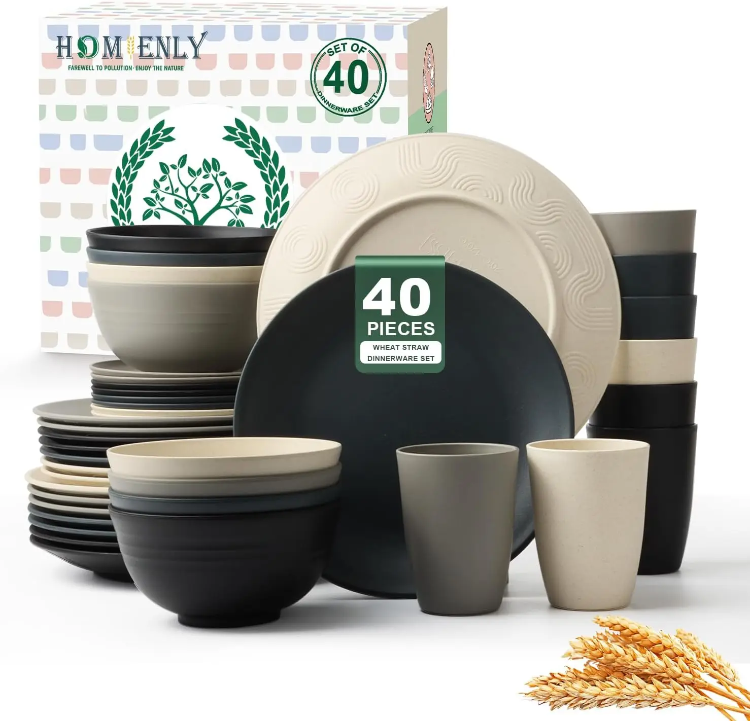 

Kitchen Wheat Straw Dinnerware Set 40 PCS - Dinner Plates, Cereal Bowls, Wheat Straw Cups Set