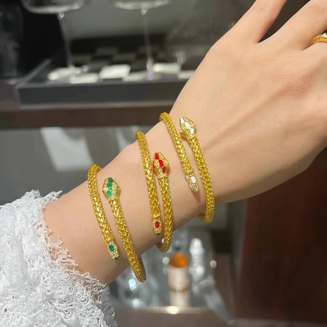 

Women's 24K Gold Enamel Spirit Snake Open Bangle, AU999 | Distressed scale texture, rustic elegance for everyday allure.