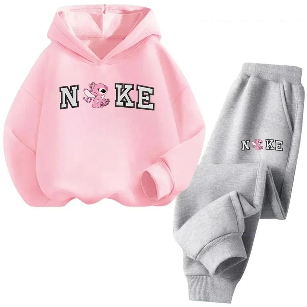Vêtements pour enfants Kawaii dessin animé Disney Lilo point ensemble à capuche garçons filles sweats pantalon costume 2-13 Y enfants survêtement de sport