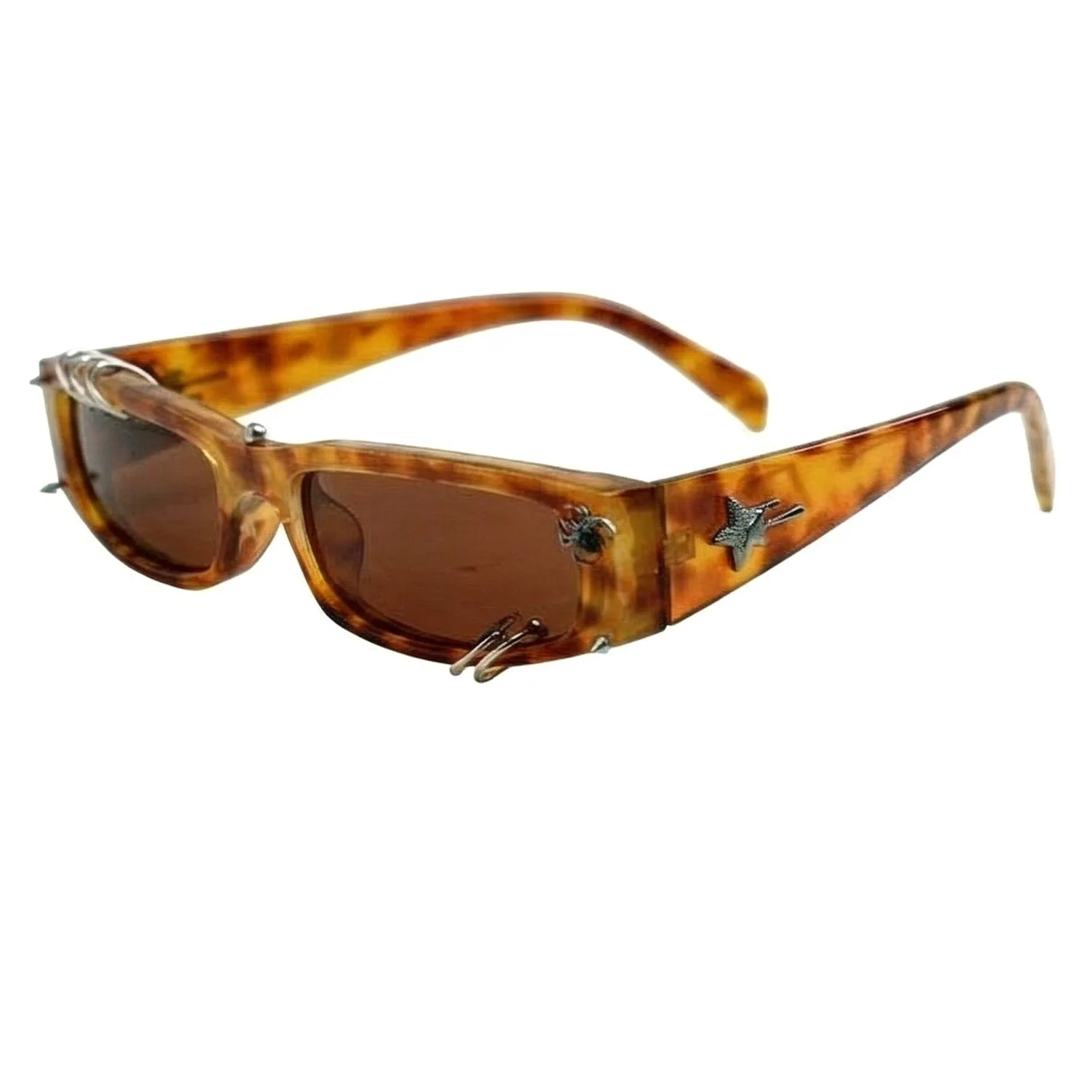 Y2K Punk Narrow Rectangle Sunglasses Women Men Star Metal Ring Decor Trendy Small Frame Shades Fashion Eyewear Party Streetwear