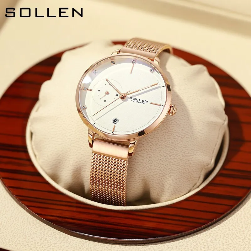 

SOLLEN Fashion Rose Gold Mesh Strap Simple Womens Watches Mechanical Watch Casual Clock Trend Women Watch 30M Waterproof Reloj