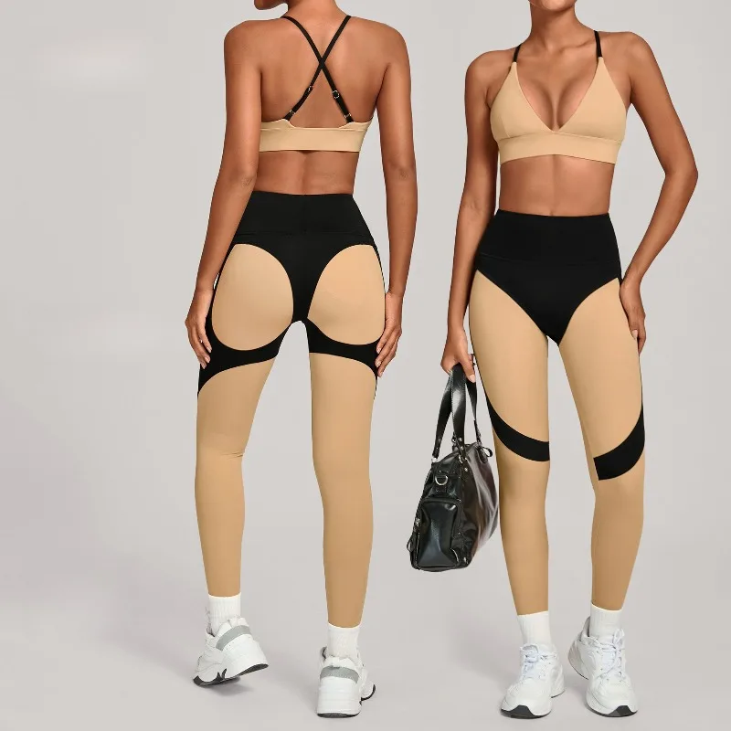 여성용 컬러 매칭 요가 세트 조절 가능한 어깨끈 브라 하이웨이스트 스포츠 레깅스 야외 러닝 헬스장 피트니스 운동 세트