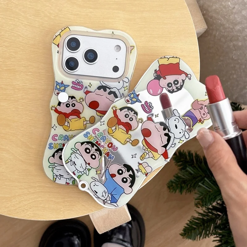 

INS creativity push and pull Cute Crayon Shin-chan Luxury Makeup Up Mirror Phone Case For iPhone 12 13 14 15 16 Pro Max Cover﻿