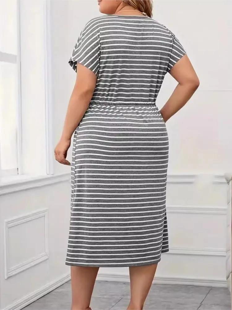 Plus Size Summer Striped Print Midi Dress Women Short Sleeve Casual Fashion Ladies Dresses Loose Pleated Ruffle Woman Dress