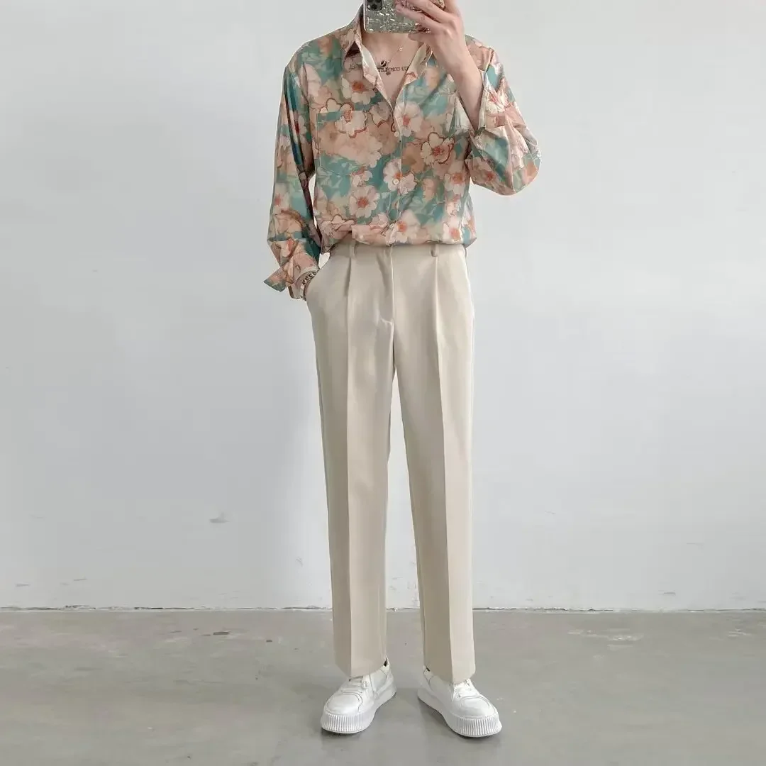 Fashion Streetwear Korean Printing Loose Turn-down Collar Man Long Sleeve Men's Clothing Button Spring Summer Thin Shirts Tops