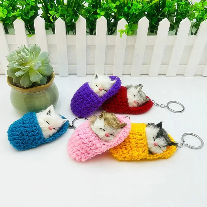 Creative Cute Sleeping Cat Slippers Keychain Women Girls Handwoven Slippers Faux Fur Kitten Keyring Fluffy Bag Car Pendant Gift