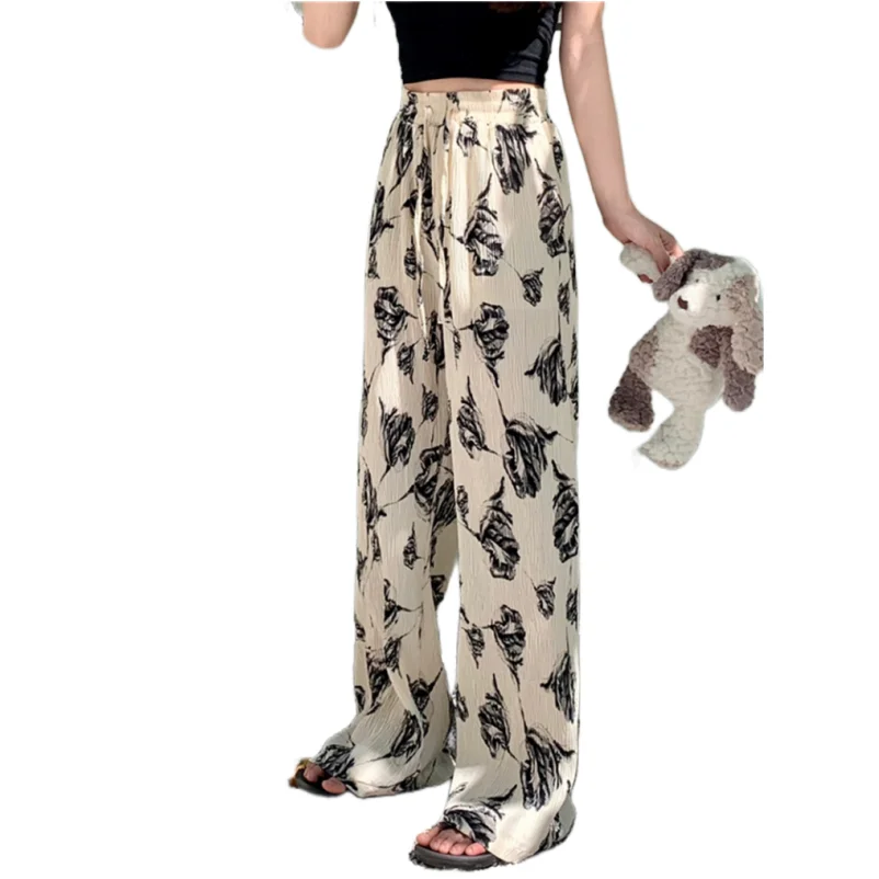 

Women Chiffon Spring Wide Leg Pants Full Length Floral Print Casual Loose Breathable Elastic Waist Streetwear Fashion Trousers