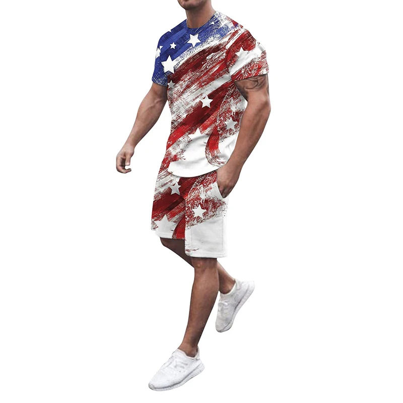 Men\'s T-shirt Sets USA American Flag 3D Print Tracksuit T Shirts Shorts 2 Pieces Streetwear Male\'s Oversized Suits Sportswear