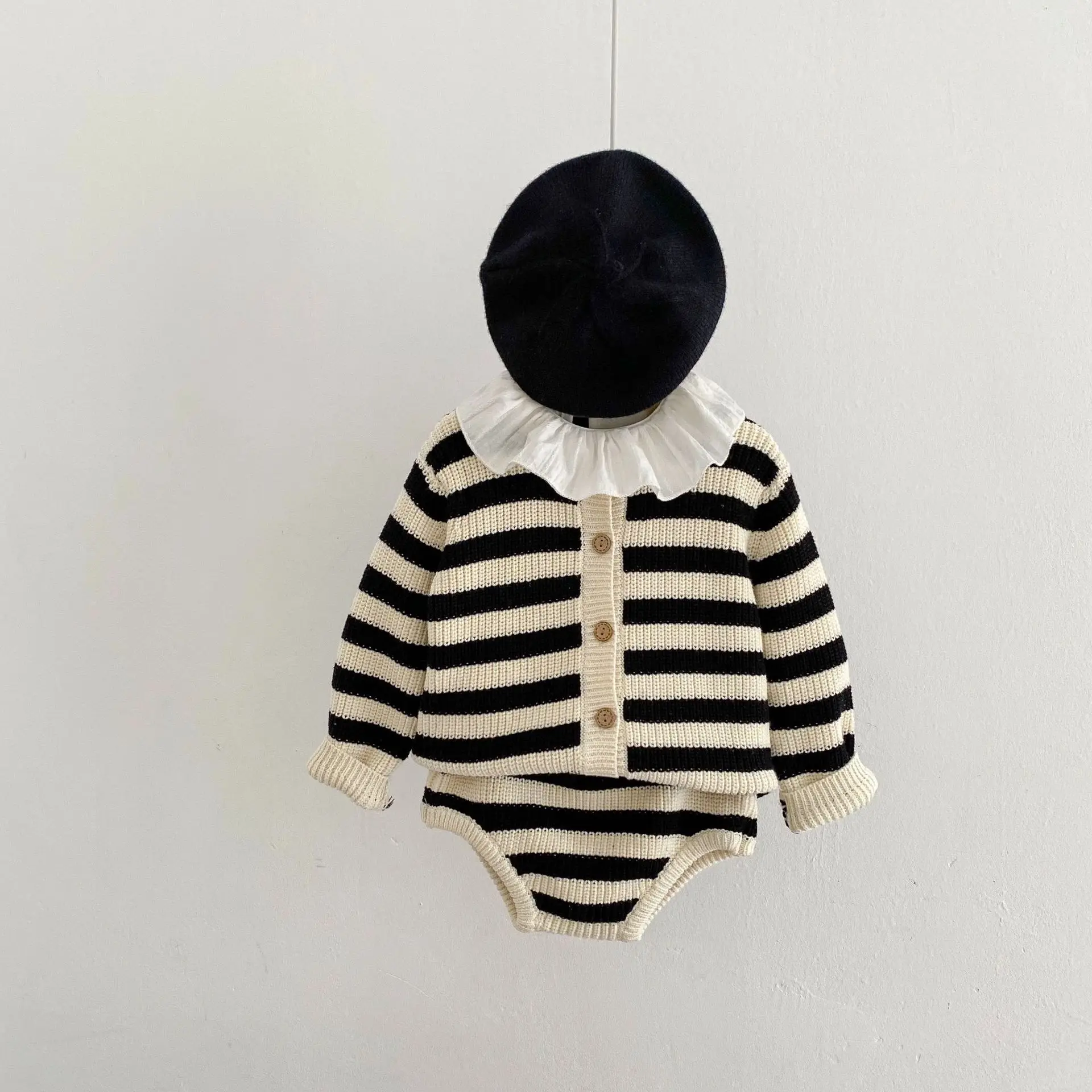 Autumn Outfit New Baby Boys And Girls Versatile Round Neck Striped Cotton Knit Sweater+Cardigan Jacket Two-Piece Set