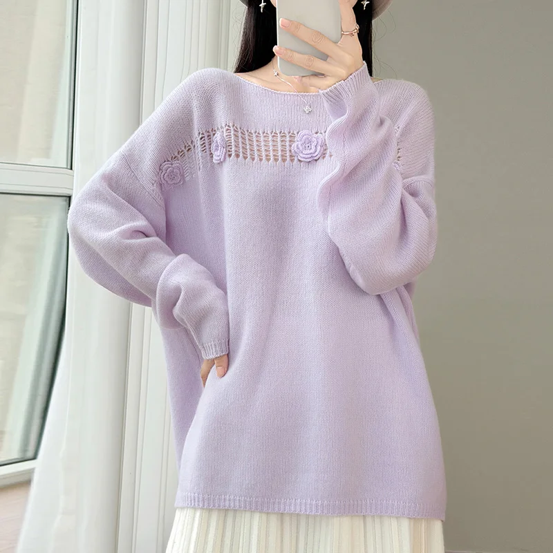 Hand embroidered 100% pure cashmere sweater knitted sweater loose lazy wind cashmere sweater bottoming