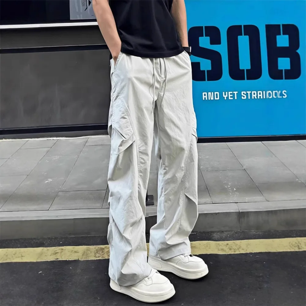 

men's Pleated Ice Silk Quick Dry Cargo Pants Casual Sports Drawstring Loose Straight trousers