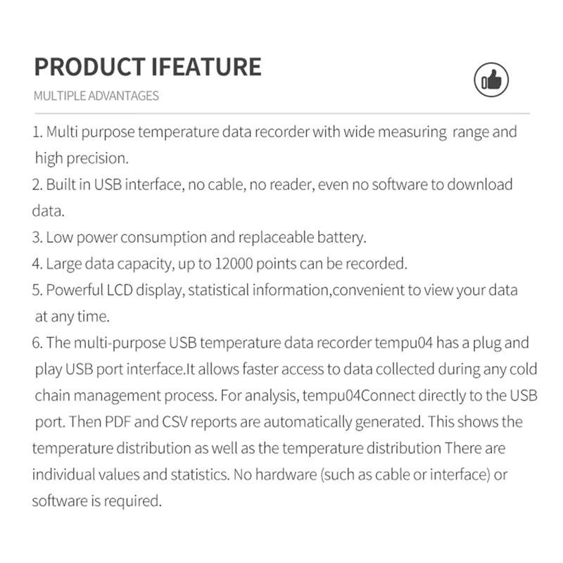 Temperatura Data Logger Recorder, Tempu04 USB, 32000 Pontos Capacidade, -30%