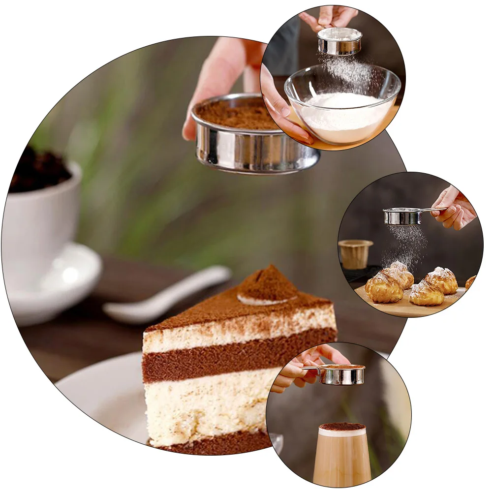 

2pcs Flour Sieve Stainless Steel Round Strainer Sugar Shaker Dispenser Powder Container Bakery Sifter H held Portable Kitchen