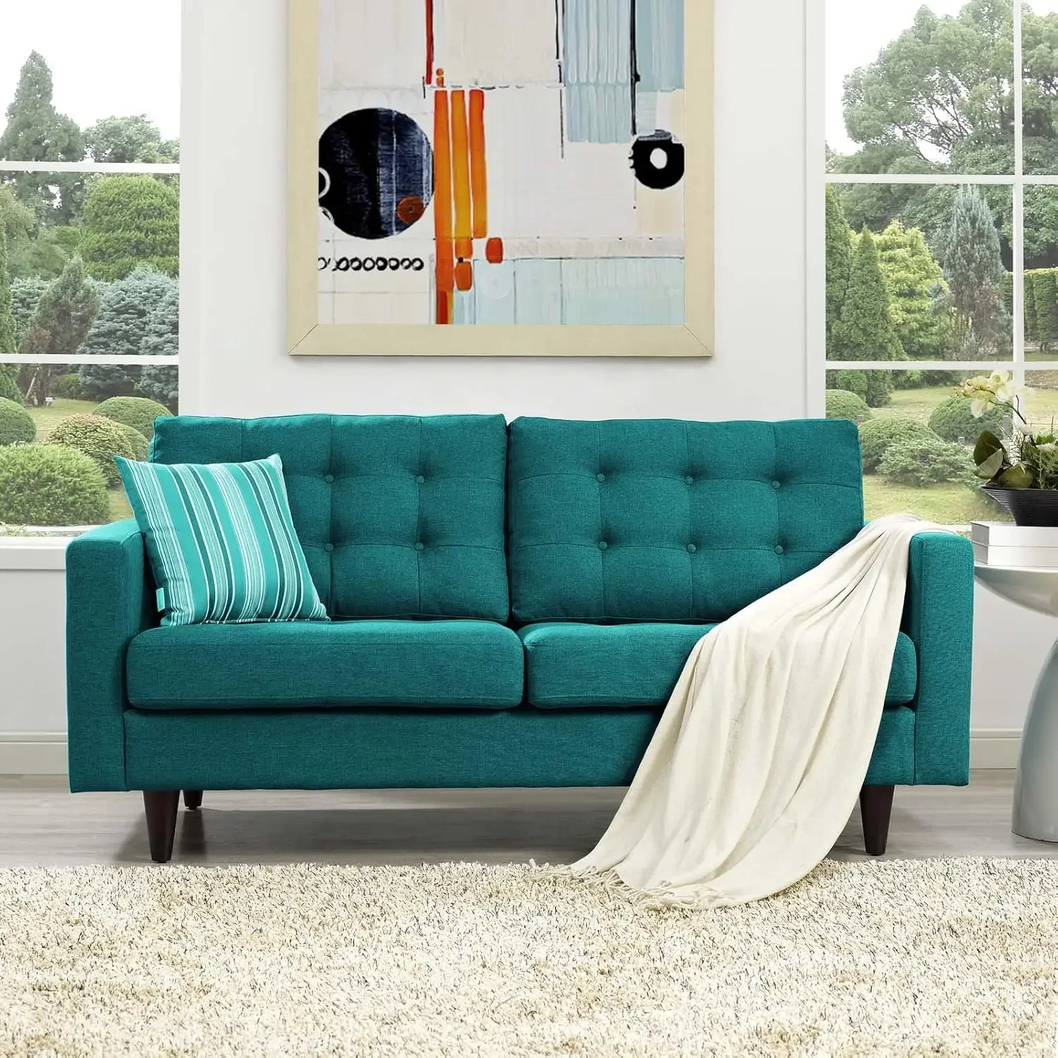 Empress Mid-Century Modern Upholstered Fabric, Loveseat, Teal