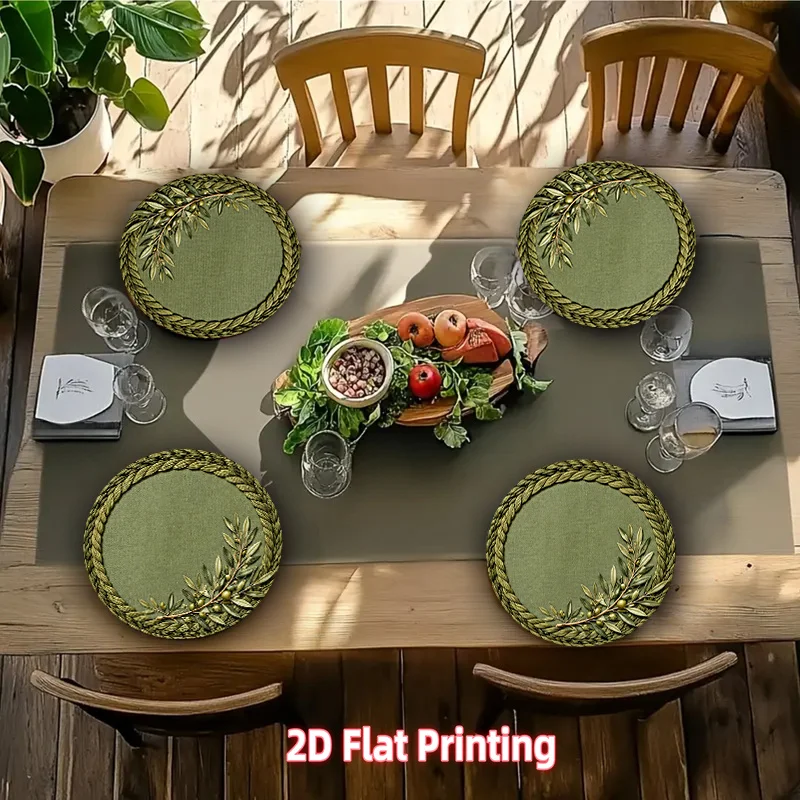 VIKAMA Farmhouse Round Placemats Set of 4 Olive Green Woven Olive Branch Dinner Mats Minimalist Decor Heat Resistant Washable