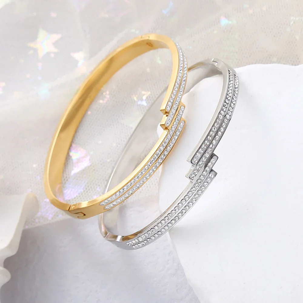 

new Double layer Zircon Stainless Steel Bangles Bracelets For Women Gold Plated Wristband Jewelry Accessories Gifts Waterproof