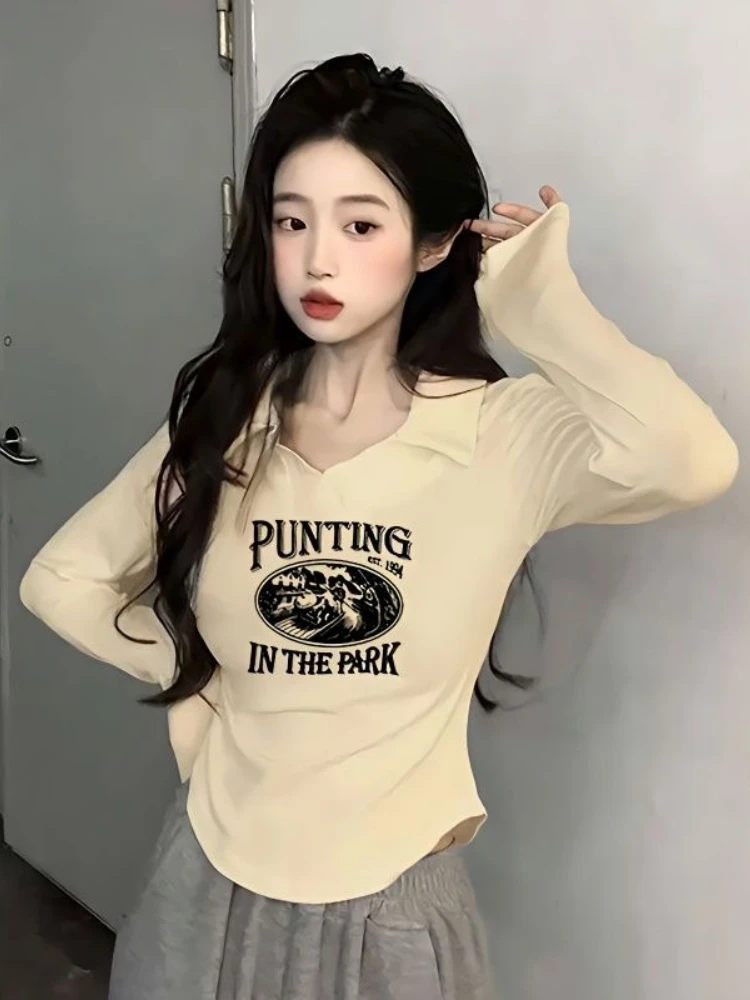 

Стильная женская футболка-поло Pure Desire для похудения, с длинным рукавом, весна-осень, стандартный крой, европейский стиль ​