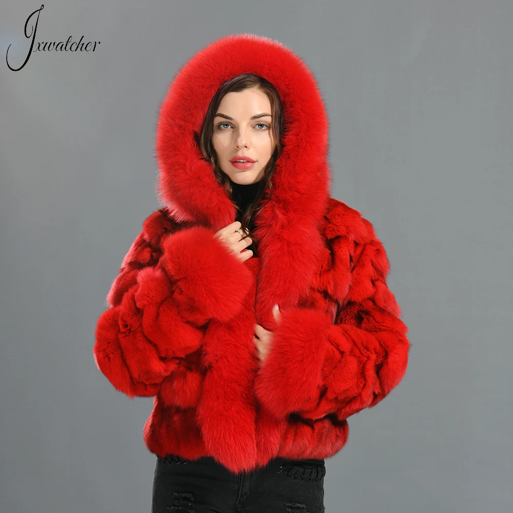 

Jxwatcher Women Real Fox Fur Coat With Hood Ladies Winter Warm Solid Color Full Sleeves Natural Fur Jacket 2022 New Arrival