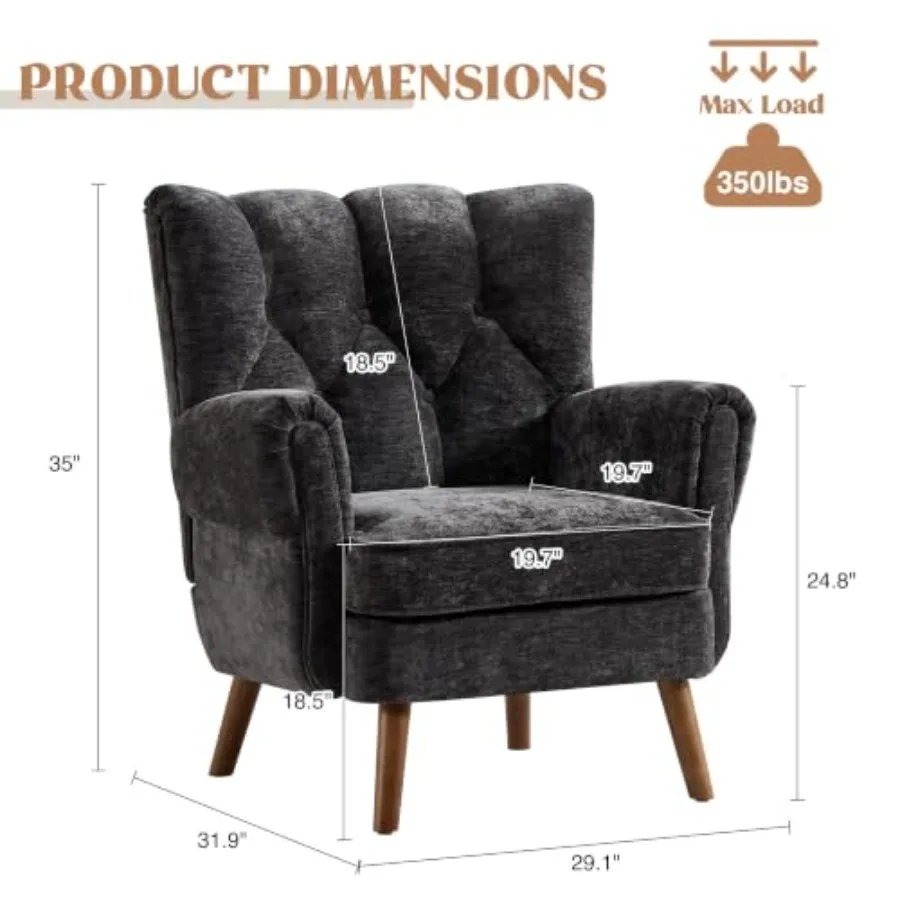 Chenille Wingback Accent Chairs Set of 2, Mid-Century Modern Living Room Armchair with Removable Cushions, High Wingback Readin