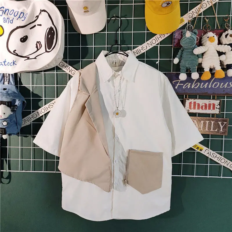 

Мужская рубашка с коротким рукавом, однотонная блузка составного кроя в уличном стиле, модель Y108 на лето, 2023