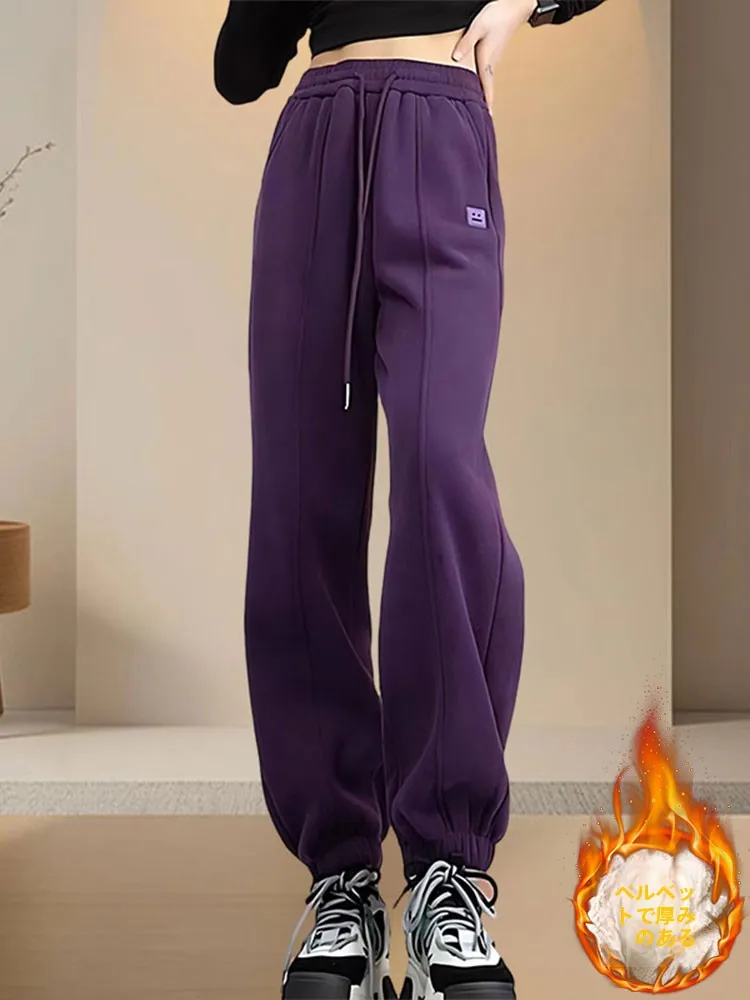 Thickened Fleece Pure Cotton Purple Casual Sports Pants Women's Winter New Loose Small Size Harlan Cuffed Trousers