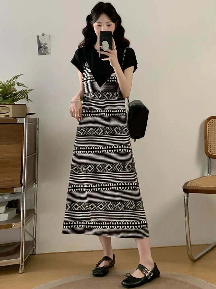 NYFS 2025 صيف جديد فضفاض حجم كبير فستان المرأة الكورية نمط اثنين من وهمية قصيرة الأكمام فستان طويل Elbise Vestidos Elbise