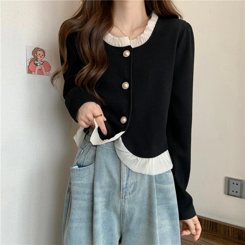 Cardigans Women Square Collar All-match Korean Style Contrast Color Long Sleeve Tops Autumn Simple Button-up Slim-fit Pleated