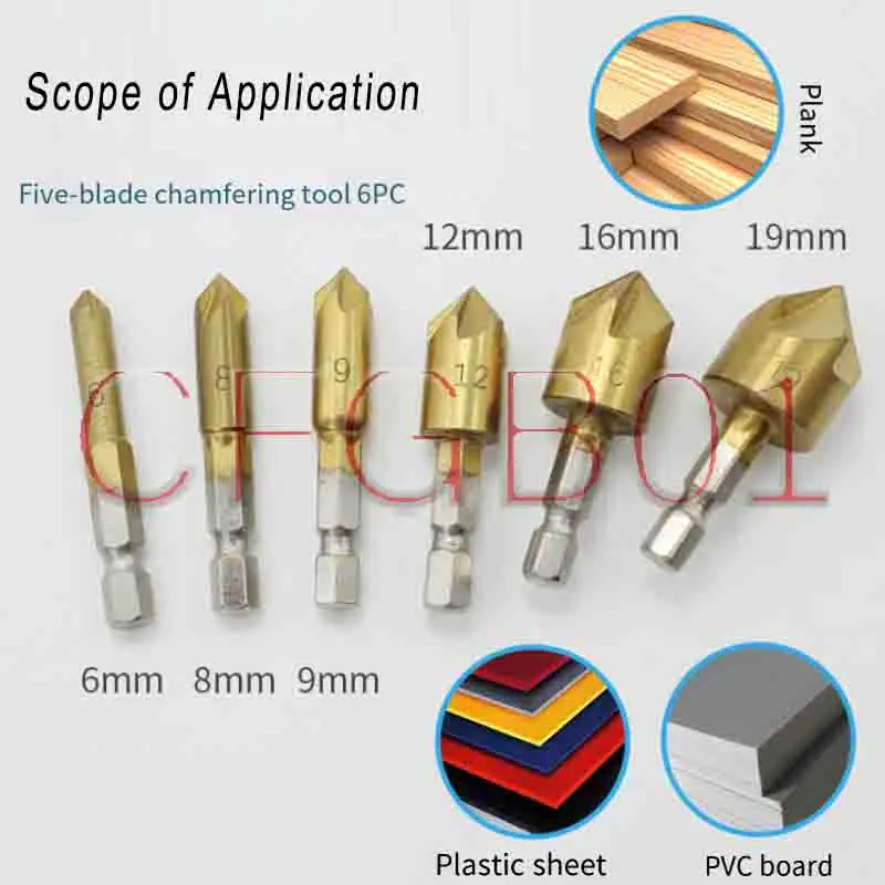

Титановое покрытие, шестигранный хвостовик, 5-зубчатый инструмент для снятия фаски и зенкования, 6-19 мм, для обработки дерева и пластиковых досок