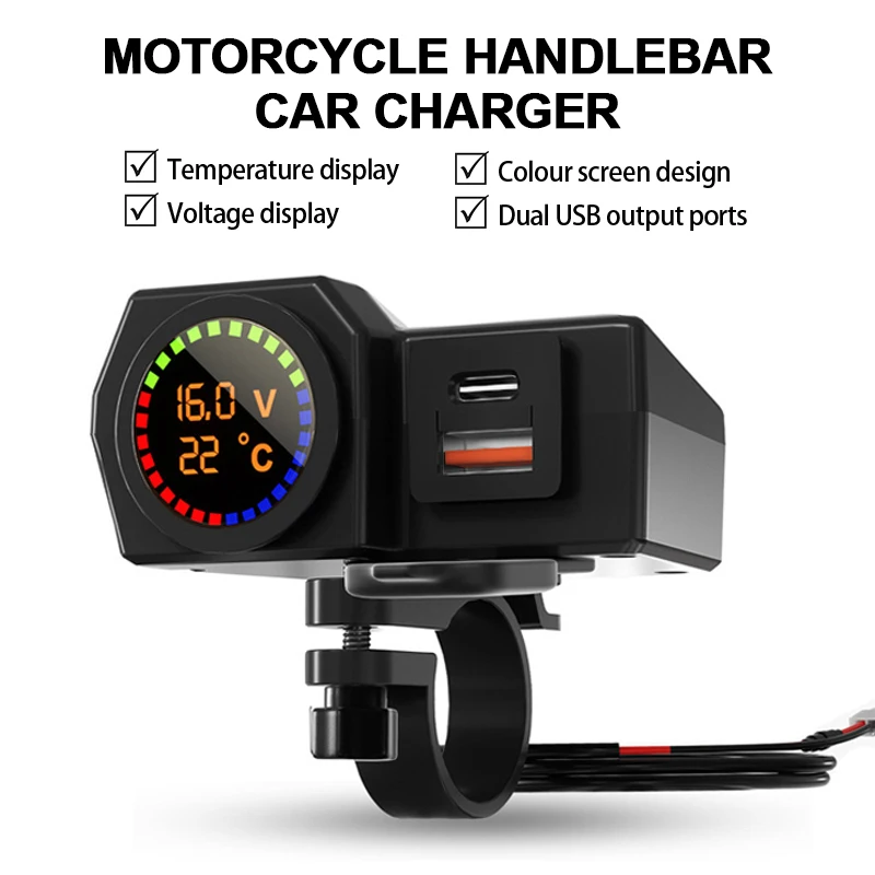 Motorcycle Charger Voltage Temperature Digital Display Dual USB Mobilephone Charging Adapter for Motorbike Handlebar Accessories