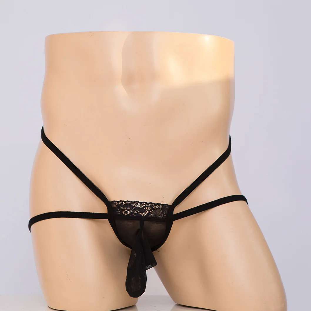 Men's Sexy Lace Underwear Ultra-Thin Seamless Thong Mesh Breathable Strap Belt Penis Cover Sexy Male Underpants Exotic