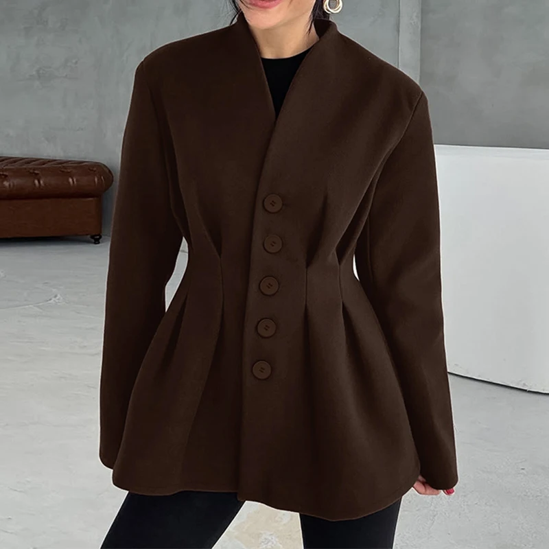 

Trendix Brown Retro Wool Jacket For Women Winter Pleated High Waist Ruffle Blazer Autumn Casual V Neck Elegant Cardigan Coat