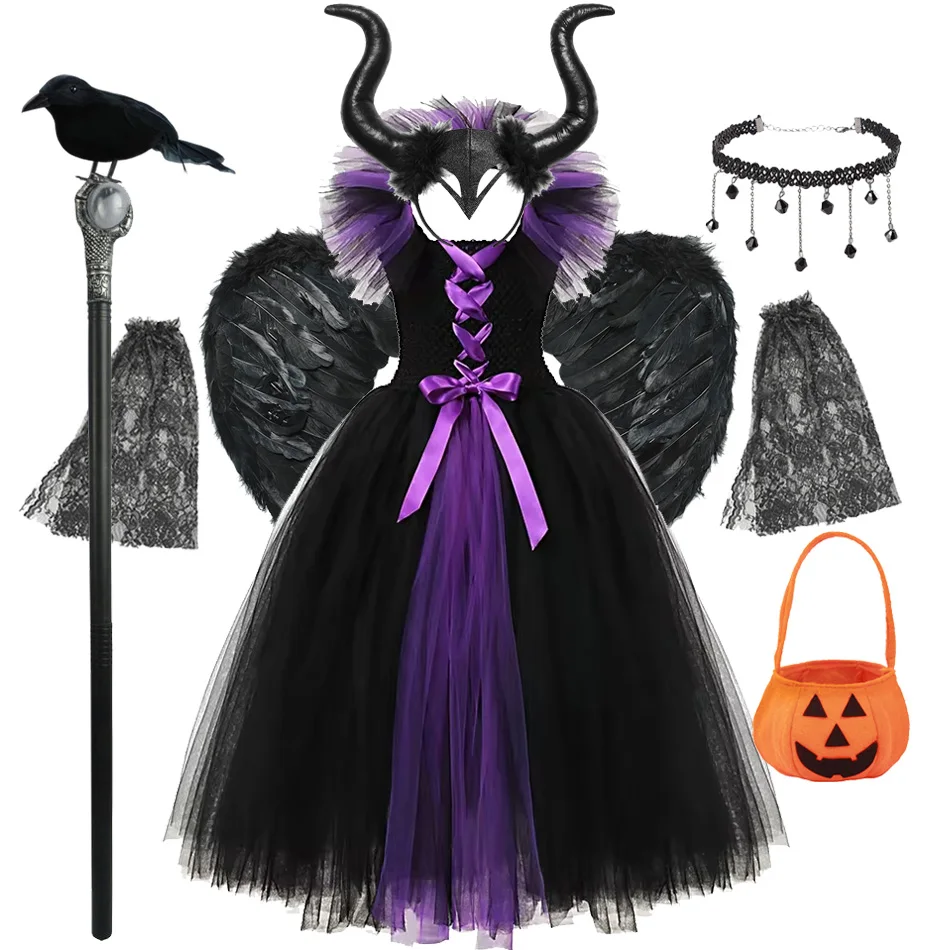 Kids Maleficent Halloween Cospaly Costume Girls Dress Deluxe Girls Black Glam Gown Dress Kids Demon Evil Queen Witch Clothes