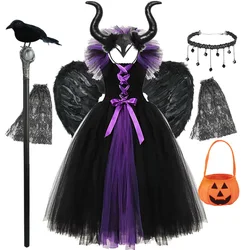 Kids Maleficent Halloween Cospaly Costume Girls Dress Deluxe Girls Black Glam Gown Dress Kids Demon Evil Queen Witch Clothes