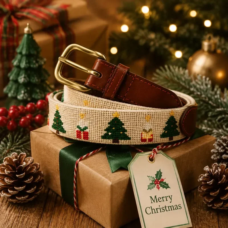 

【CHIMU HOME】 Santa Claus Christmas Needlepoint Belt with Solid Brass Buckle for Men for Genuine Leather Trim Festive