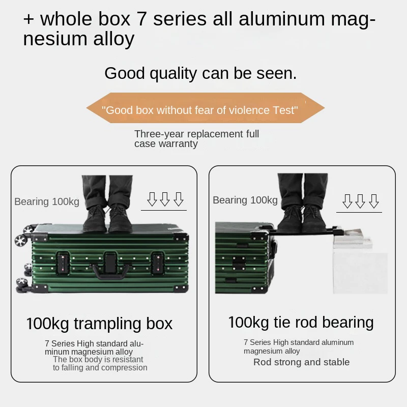 Чемодан 100%, алюминиевые дорожные сумки TSA, замок на заказ, металлический чемодан, чемоданы на колесах с защитой от царапин, чехол, чемодан для поездок