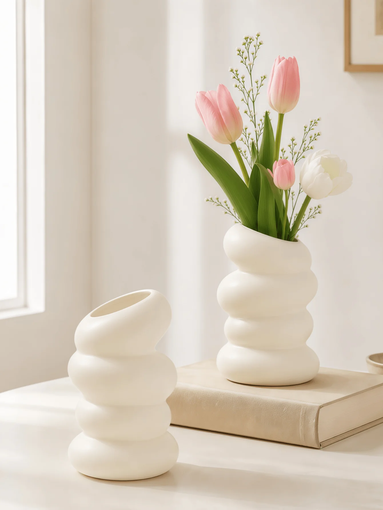 1pc Plastic Vase, White Desktop Decorative Flower Vase, Planter, Artificial Flower Vase, Floral Container, Suitable For Home Living sh25050850313760376