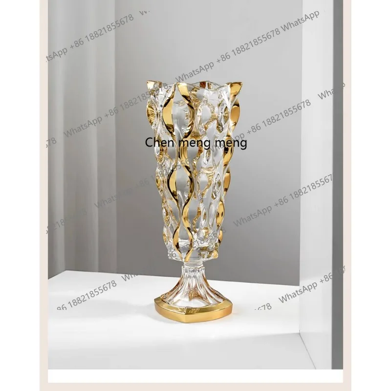 Crystal glass vase, hand-painted gold living room ornament, light luxury dried flower decoration, high-end