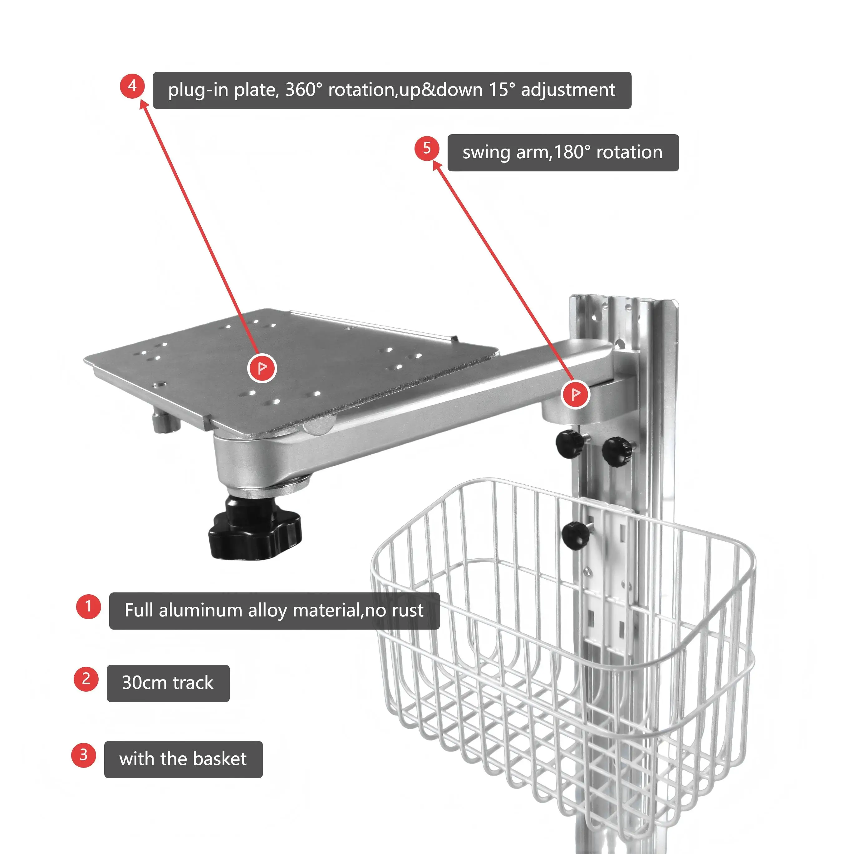 High Quality Adjustable Sensor Bracket Wall Mount Stand Metal Shelves with Basket Swing Arm Slide Guide