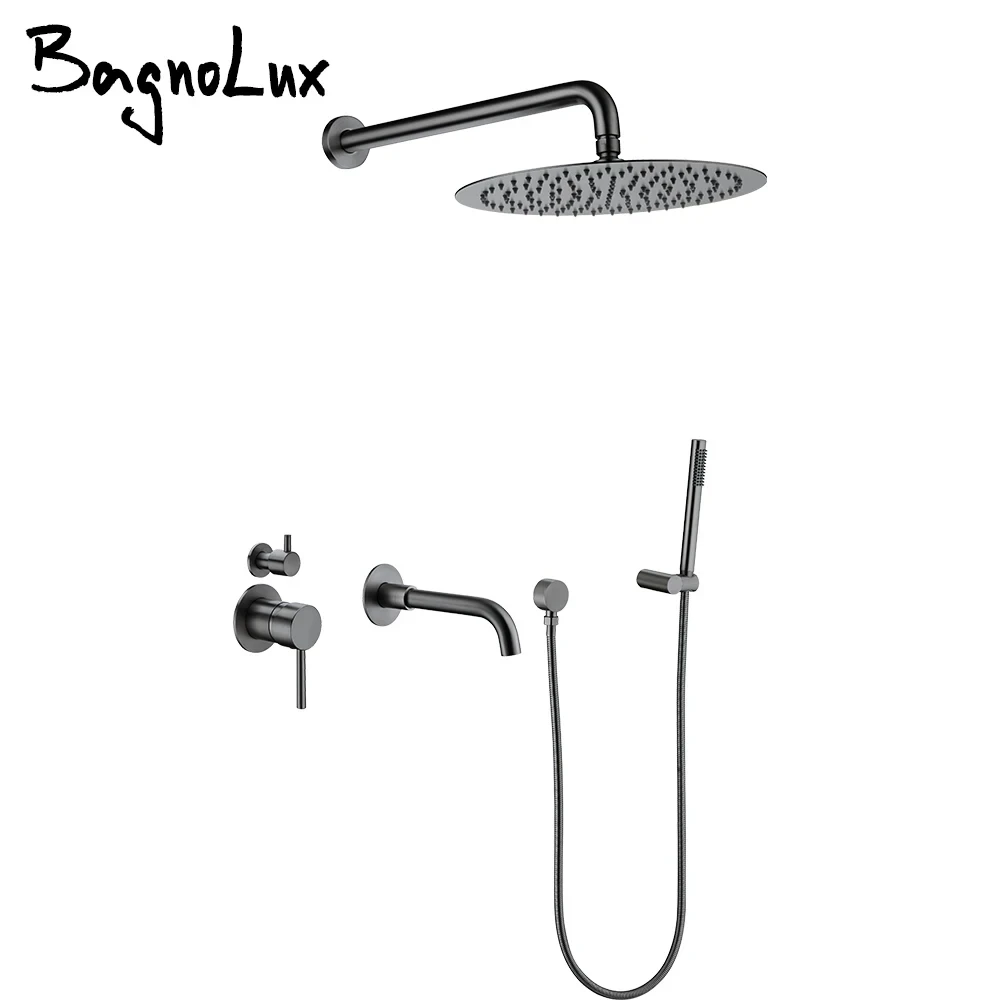 Bathroom Faucet Shower System Set 3-Function Shower Mixer Diverter Valve Gunmetal 8-16Inch Rainfall Head Shower Tap Wall Mounted