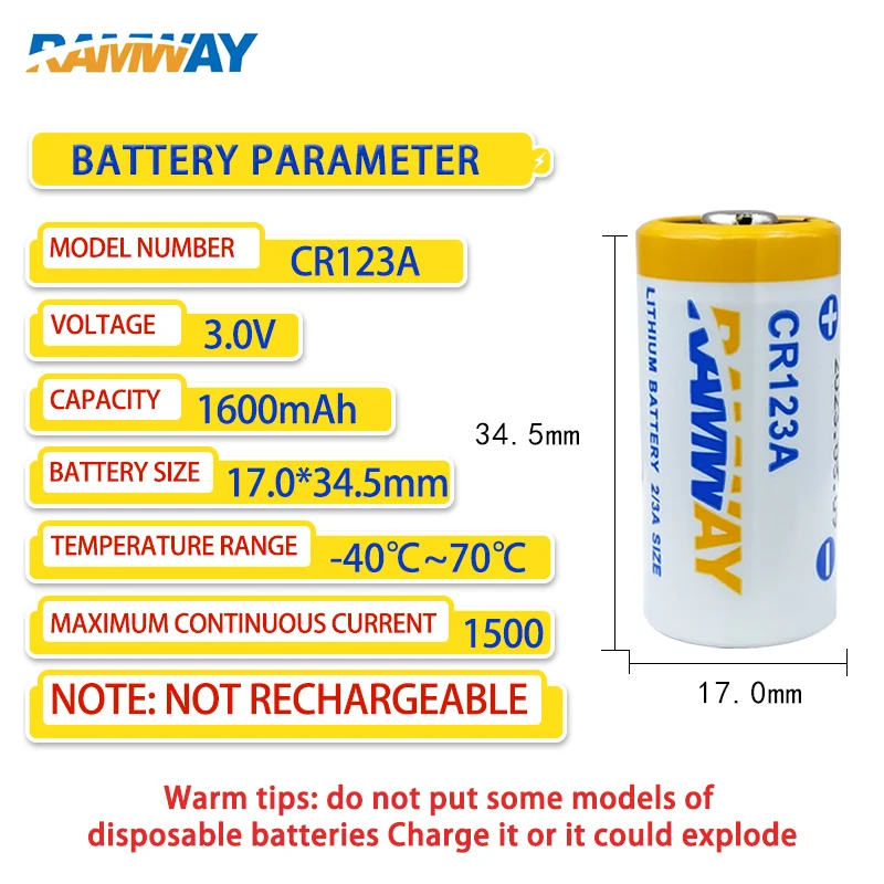 RAMWAY CR123A 3V Disposable Lithium Battery Camera Flashlight Patrol Stick Smoke Alarm CR17345 Non-rechargeable