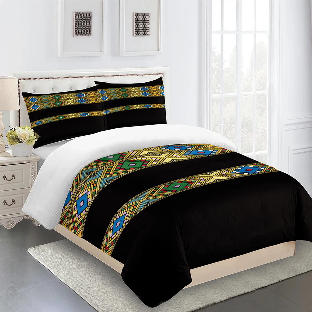 

European and American Style Moroccan Bohemian Style Black Gold Stripe Bedding 3 Piece Set of 1 Quilt Cover 2 Pillowcases