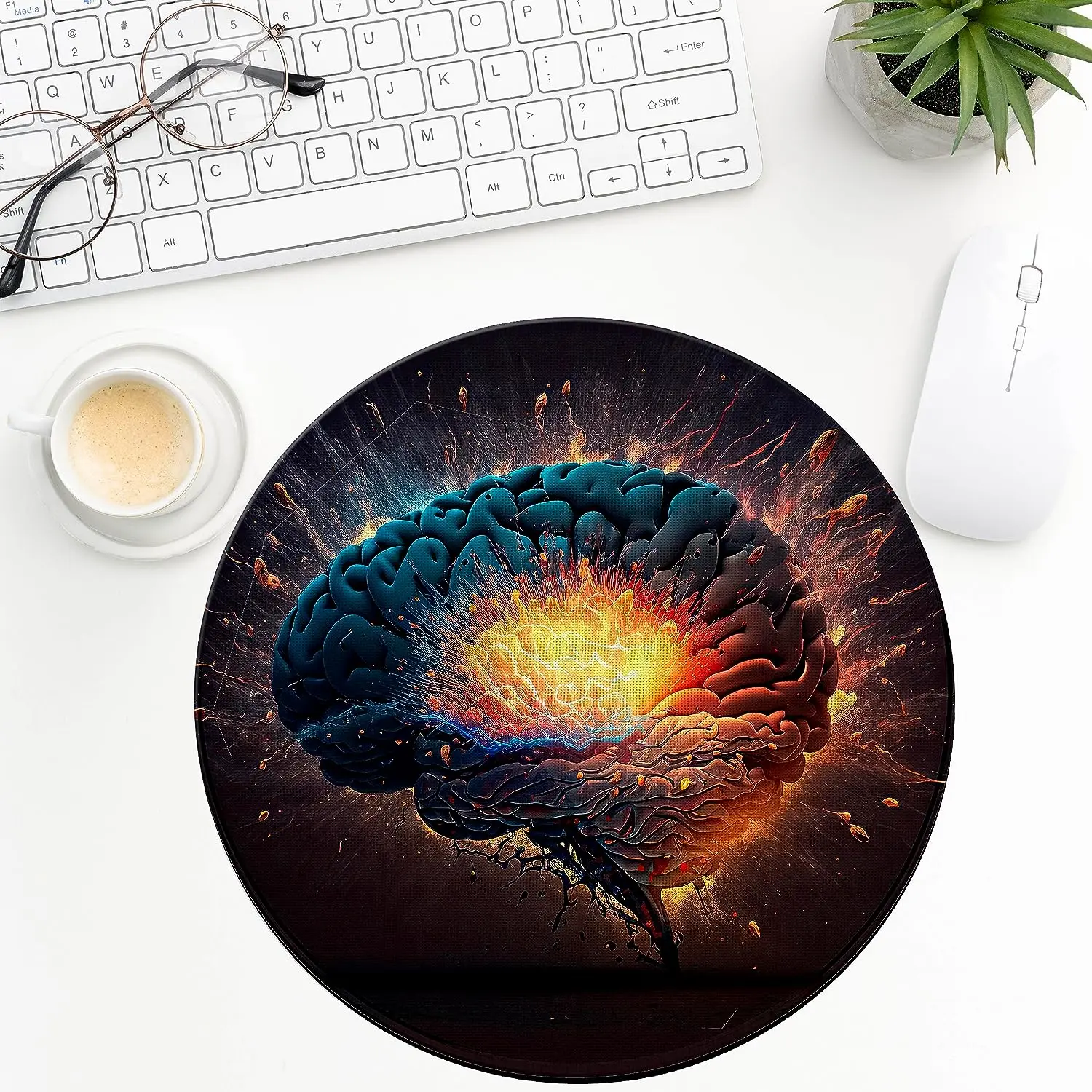 Colorful Brain with Lighting Dark Funny Round Mousepad with Design Small Non-Slip Rubber Mouse Pads Office Laptop 7.9 x 7.9 Inch