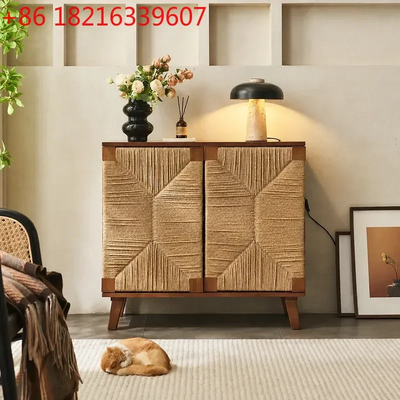 YAOSolid Wood Rattan Dining Side Cabinet Japanese Simple Storage Cabinet Living Room Porch Rack Household Tea Cabinet